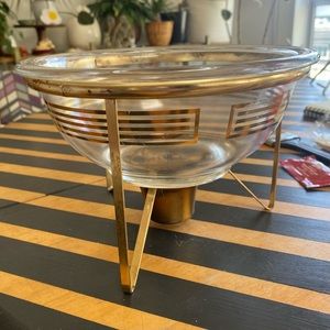 RARE VINTAGE PYREX GOLD STAFF 323 BOWL WITH UFO-STYLE STAND / CRADLE / WARMER